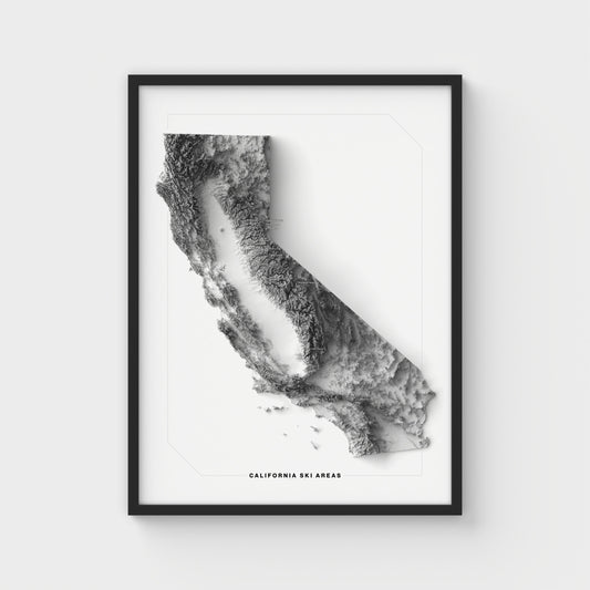 California Ski Areas Shaded Relief Map | Giclée Poster Print