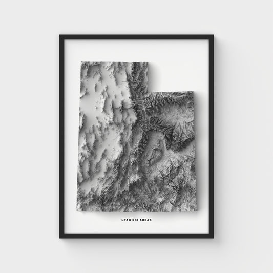Utah Ski Areas Shaded Relief Map | Giclée Poster Print